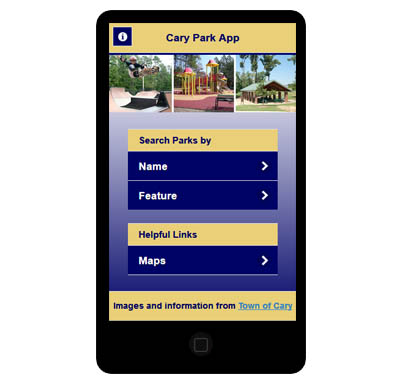 Cary Park App is displayed on a mobile phone and is used for finding parks in Cary, NC.