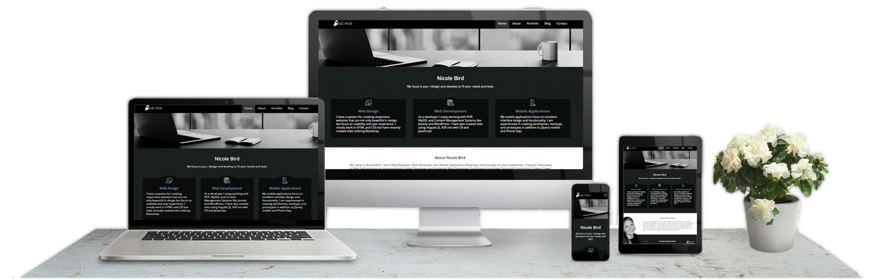Website with mobile resposive design on mobile phone, tablet and desktop computer